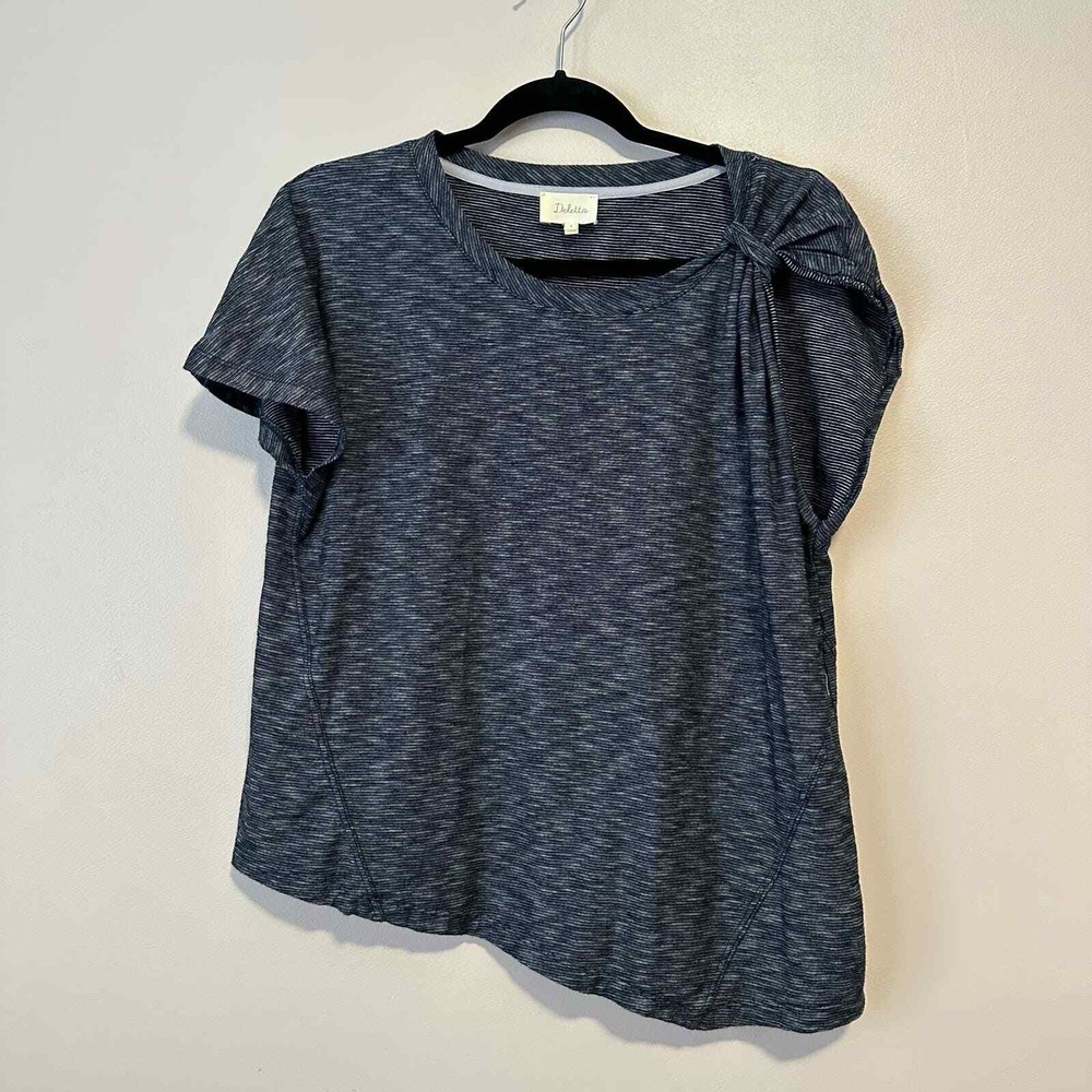 Deletta Small Top Navy Blue Short Sleeve Asymmetrical Knot Shoulder Striped Tee